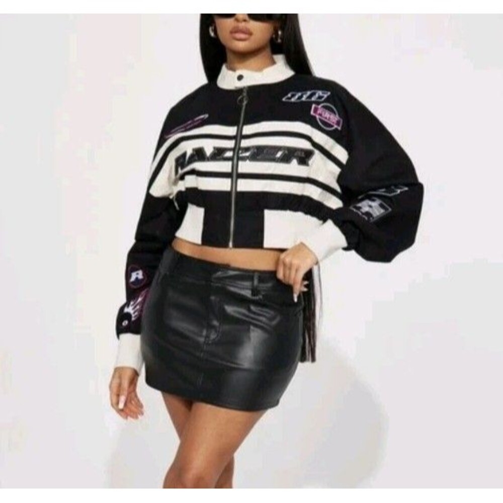 Fashion Nova Turbo Drive Black Cream Racer Moto Bomber Jacket Patch Women S GUC